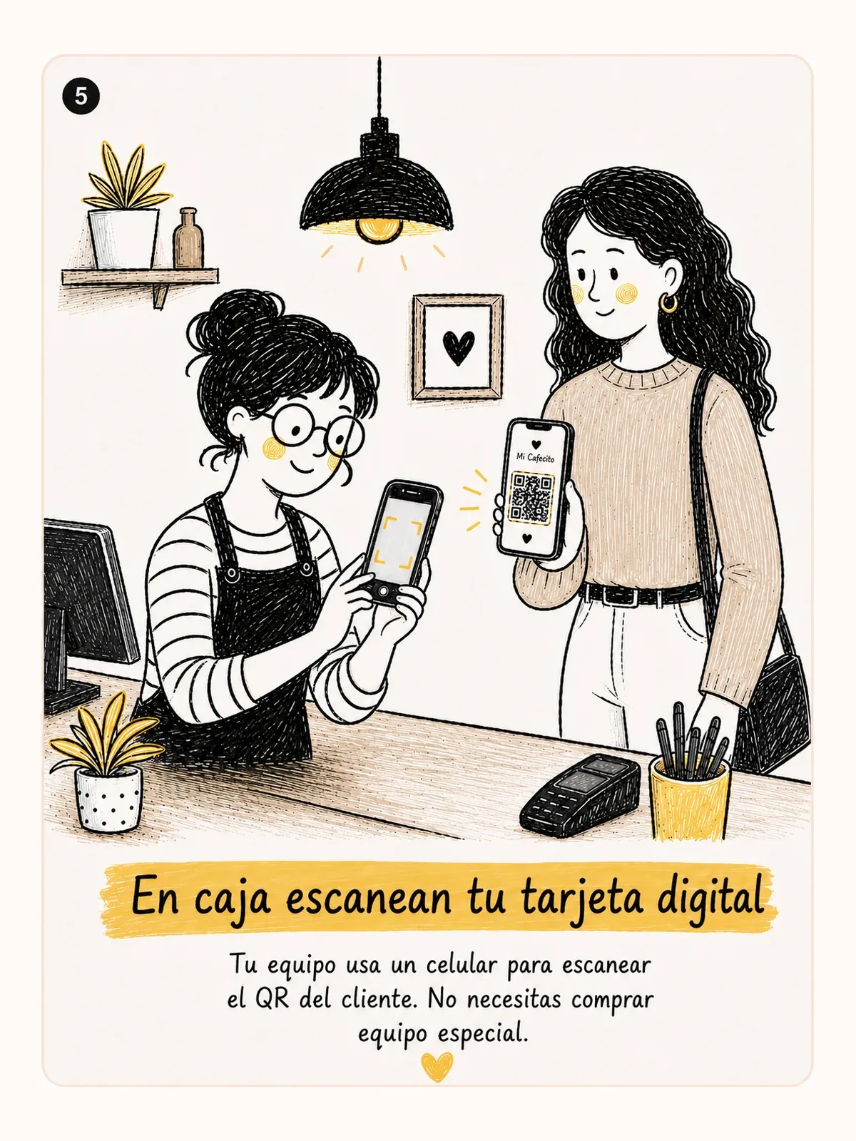 Cajera escaneando desde un celular la tarjeta digital del cliente, sin equipo especial.